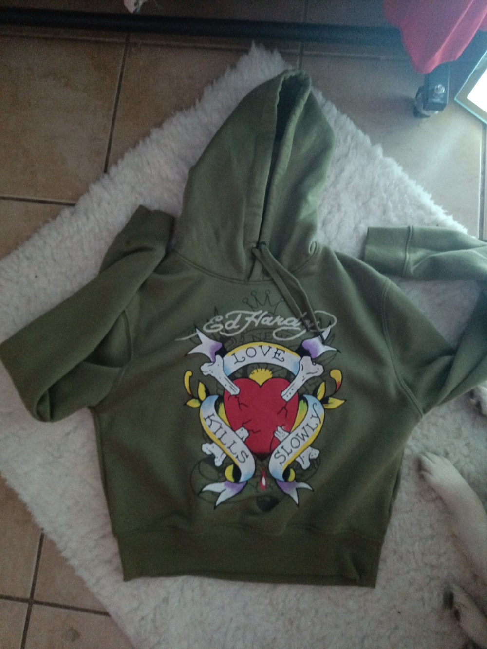 Ed Hardy Olive Green Crewneck Hoodie with Red Heart Graphic